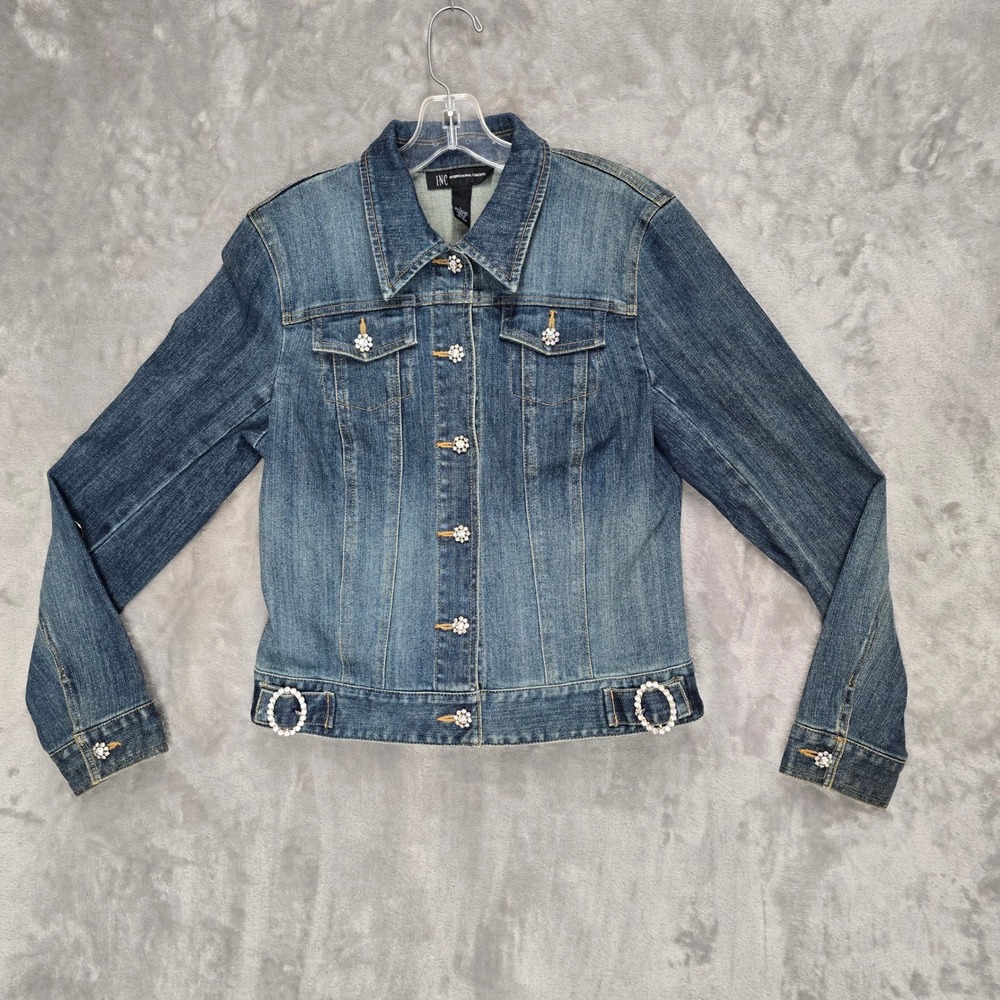 INC Denim Jacket WomenL Blue Jean Embellished Rhinestone Button Y2K Glam Western